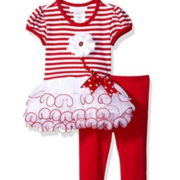 Bonnie Baby Girl Flower Tutu Dress Legging Set Outfit Red White Size 3-6 Mo New - Picture 3 of 7